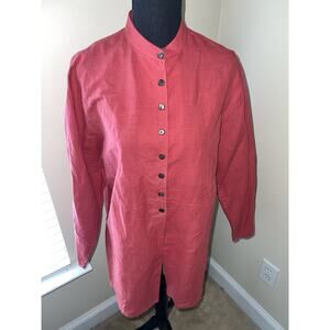 SILX 100% LINEN RED COLLARLESS LADIES SHIRT SZ 3P LONG SLEEVE